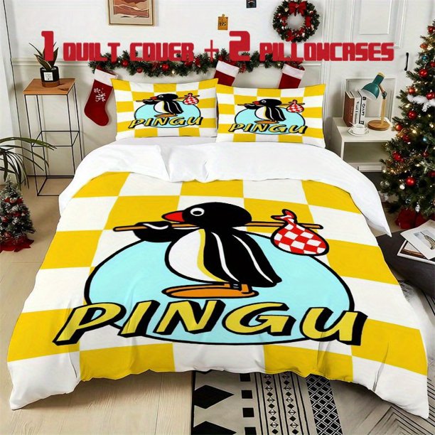 3pcs Pingu Penguin Style Bedding Set Soft Duvet Cover with 2 Pillowcases All Season Comfort Vibrant Cartoon Design
