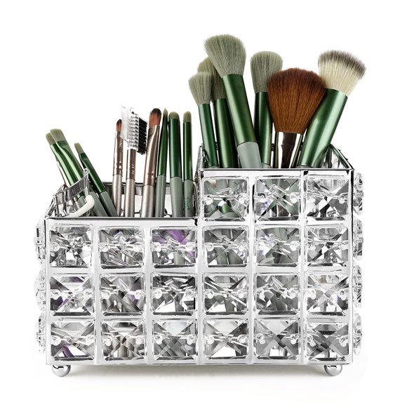 Porta Brochas de Maquillaje LUEXBOX Cuadrado de Cristal Plata de Metal