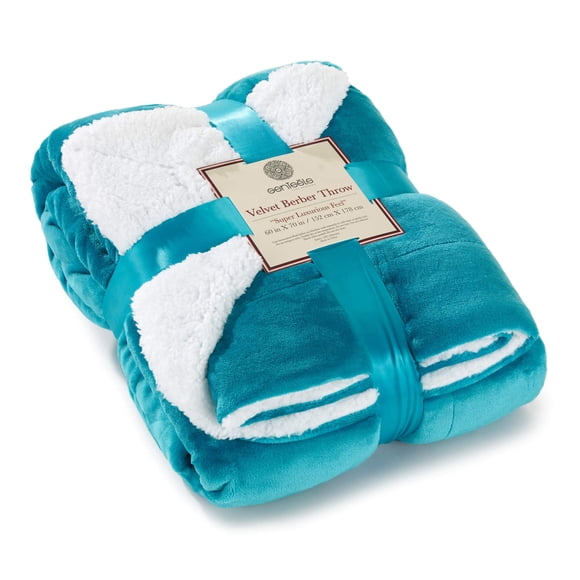 Manta Genteele Sherpa Super Soft de 150 x 180 cm, color verde azulado y blanco