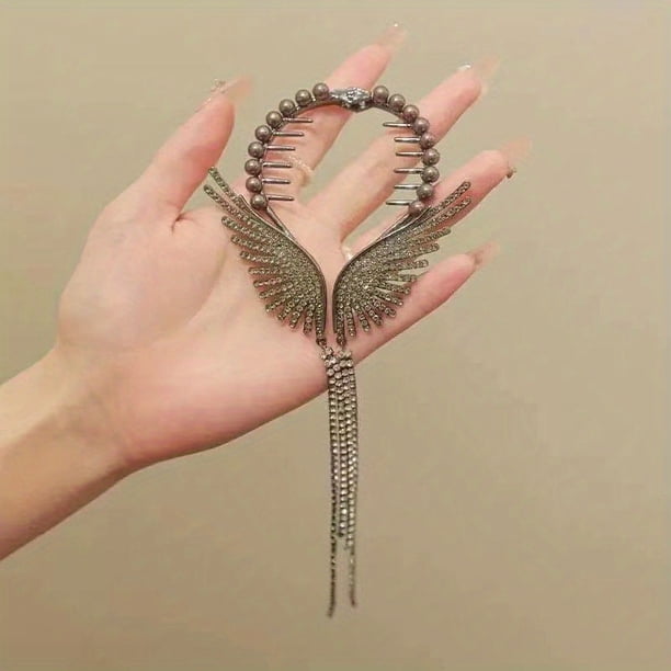 Elegant Angel Wings Tassel Hairpin, Rhinestone Faux Pearls Hairpin For Women Girls, Wedding Engagement Party Princess Hair Accessories