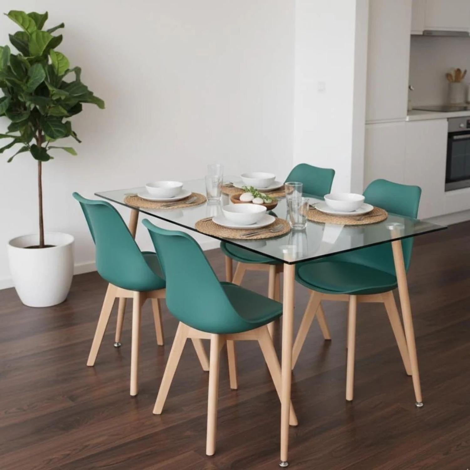 Pandalino - Comedor Mesa Vitreo 120x80 + 4 Sillas Tulip Verde Esmeralda