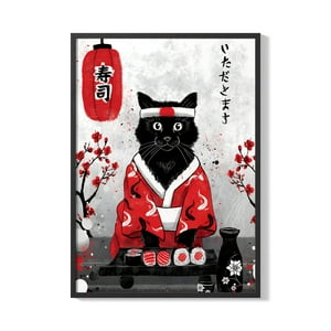 Creango - Cuadro Poster Enmarcado Gato Maestro De Sushi Decorativo