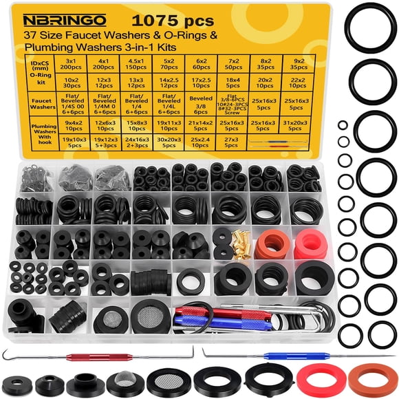 Kit de reparación de plomería NBRINGO 1075 piezas, 37 tamaños, 3 en 1