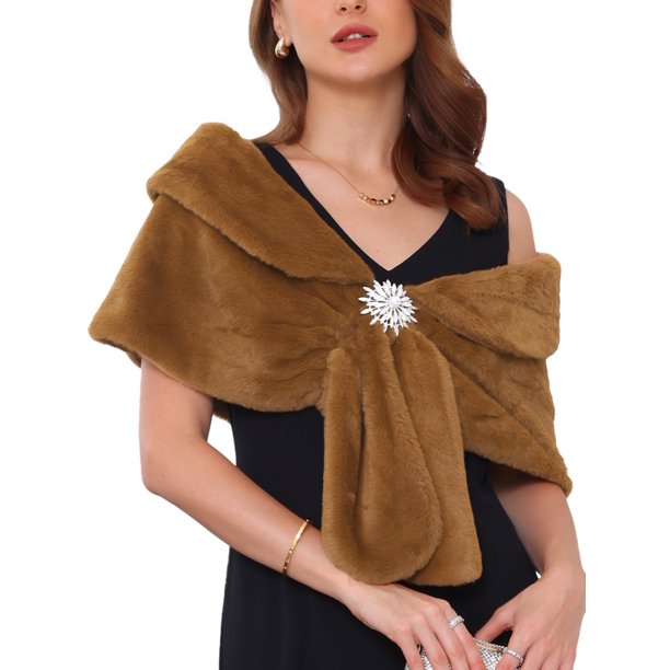 INSPIRE CHIC Capa de Envoltura de Piel Sintética para Mujer para Fiesta de Boda Nupcial con Broches de Perlas Falsas y Diamantes de Imitación XL Marrón