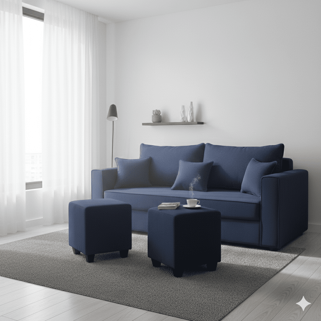Construmuebles - Living Aurelia 3 Cuerpos + 2 Pouf Tela Azul