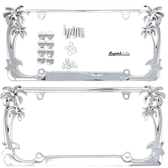 Marco para placa de matrícula Superb LNF cromado con diseño de palmera – Pack de 2