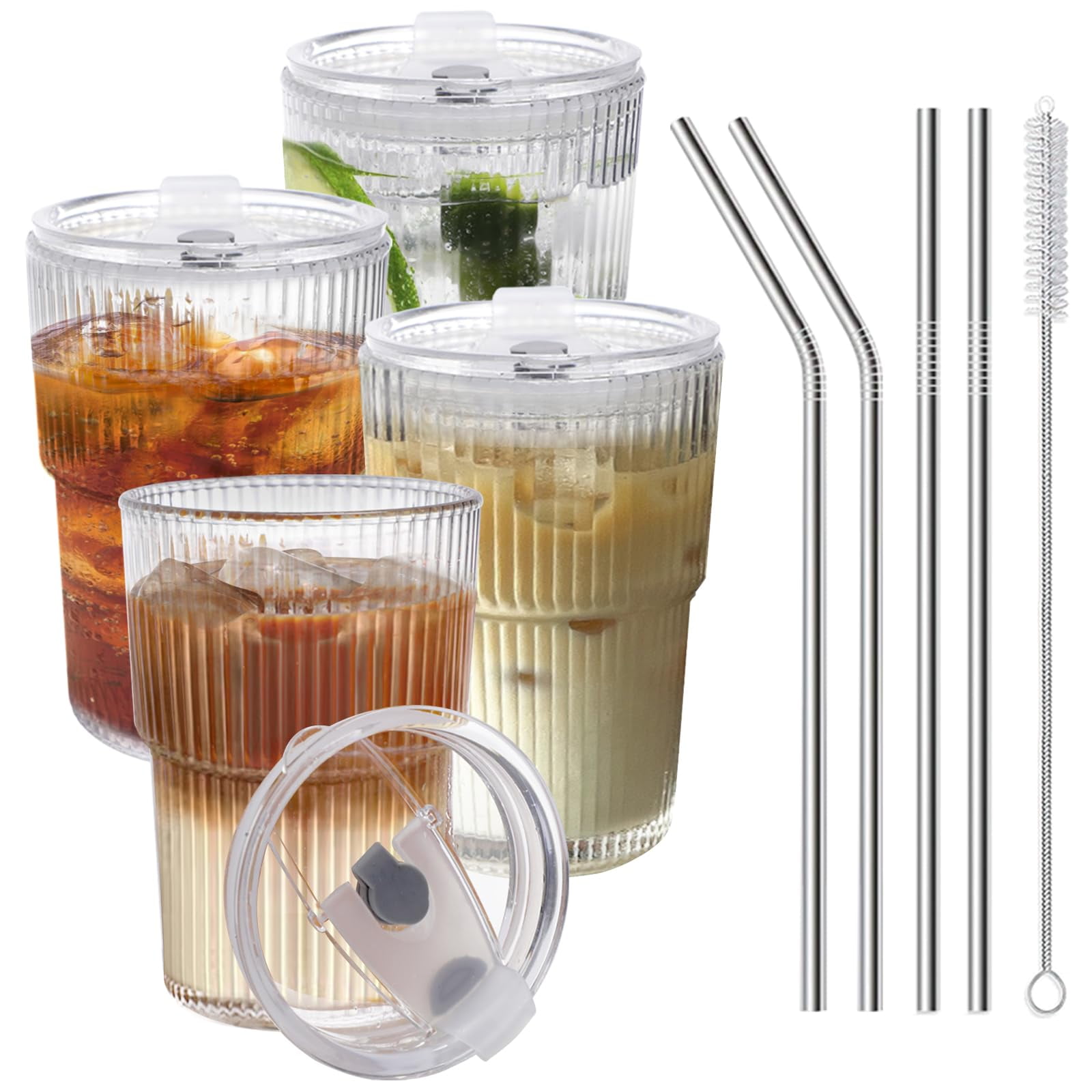 Juego De 4 Tazas De Café Helado Higiinc De 16 Onzas Con Tapas Y Pajitas