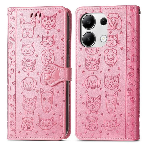 Funda Cartera FOXDOCK para Xiaomi Redmi Note 13 4G , Flip PU con Relieve de Gatos y Perros, Tarjetero y Soporte