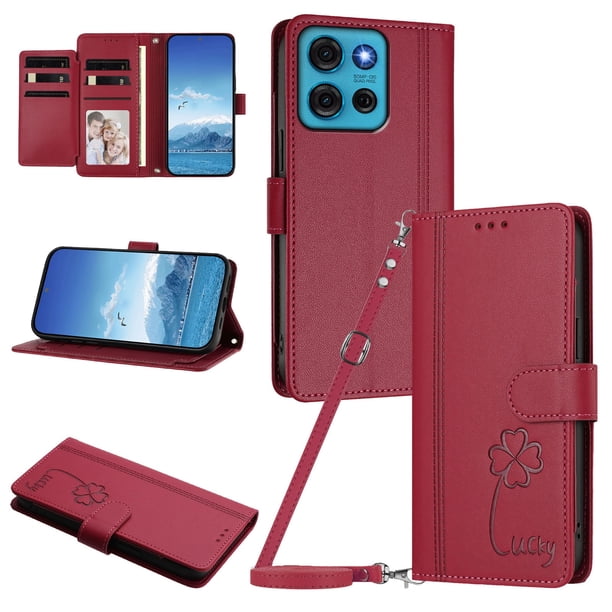 Funda Cartera Trébol para Motorola Moto G75 5G con Ranuras Tarjetas y Carga Inalámbrica Rojo