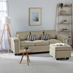Muebles Cottoni - Sofá 3 Cuerpos Sicilia + 1 Pouf Tela Beige