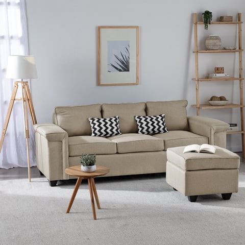 Muebles Cottoni - Sofá 3 Cuerpos Sicilia + 1 Pouf Tela Beige