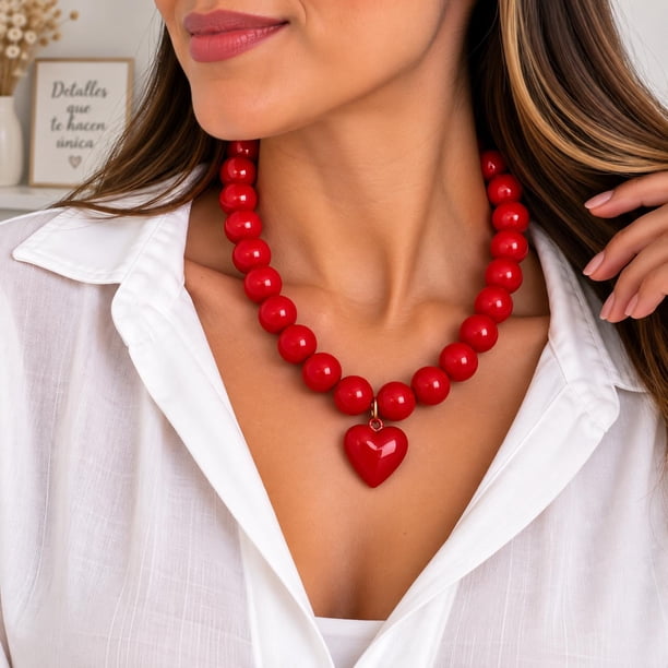 Collar Chicle Chunky De Cuentas Grandes Corazón Unisex rojo 22