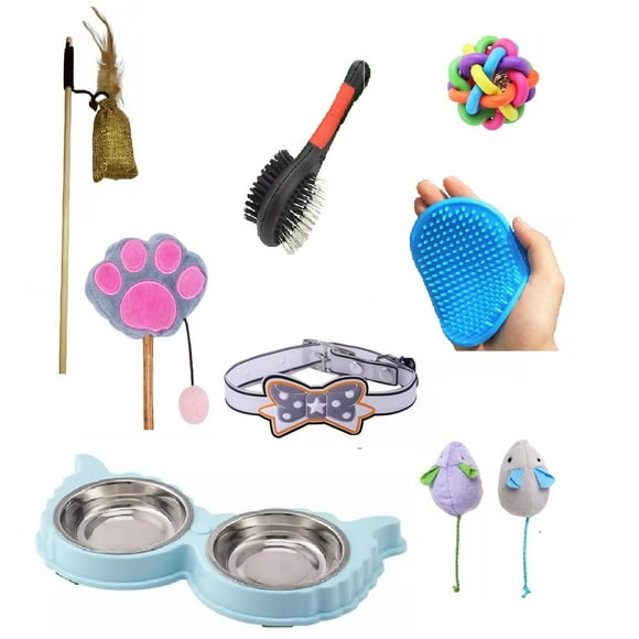 Kit De 8 Productos Para Gatos, Aseo, Juguetes Y Un Plato. Color Celeste