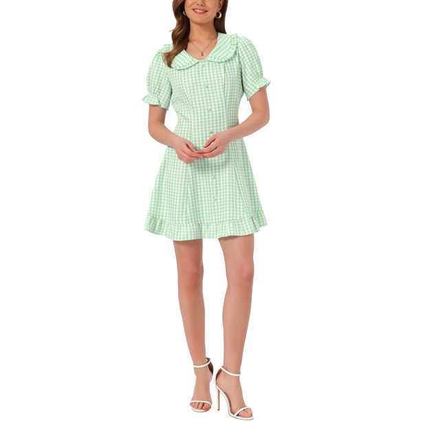 INSPIRE CHIC Vestido Mini de los Años 60 con Cuadros Vichy, Cuello Peter Pan con Volantes para Mujer, Talla XL, Verde y Blanco