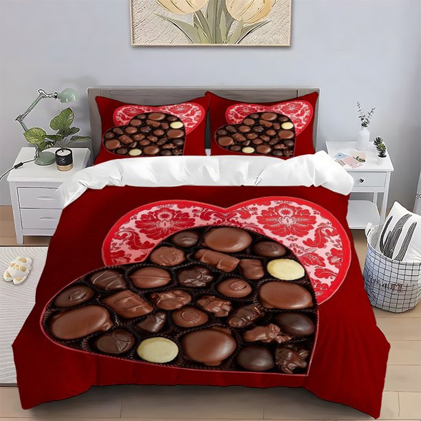 3pcs Heart-Shaped Chocolate Gift Box Print Polyester Bedding Set All-Season Use