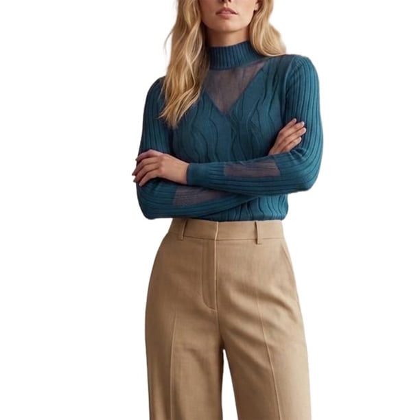 INSPIRE CHIC Top de Punto de Terciopelo para Mujer de Manga Larga con Cuello Simulado y Encaje Suéter de Punto Talla Mediana Azul Pavo Real