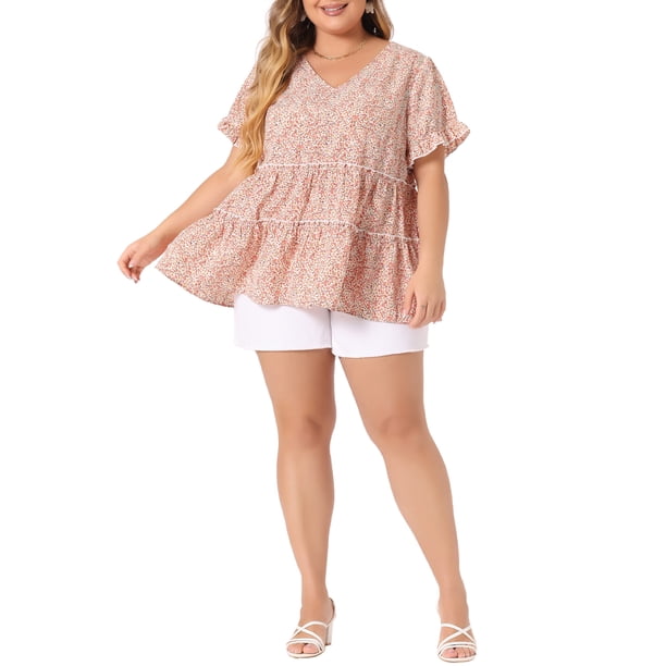 Agnes Orinda Blusa de Mujer Talla Grande Boho Floral Cuello en V Mangas con Volantes Blusas Babydoll en Capas 4X Rosa