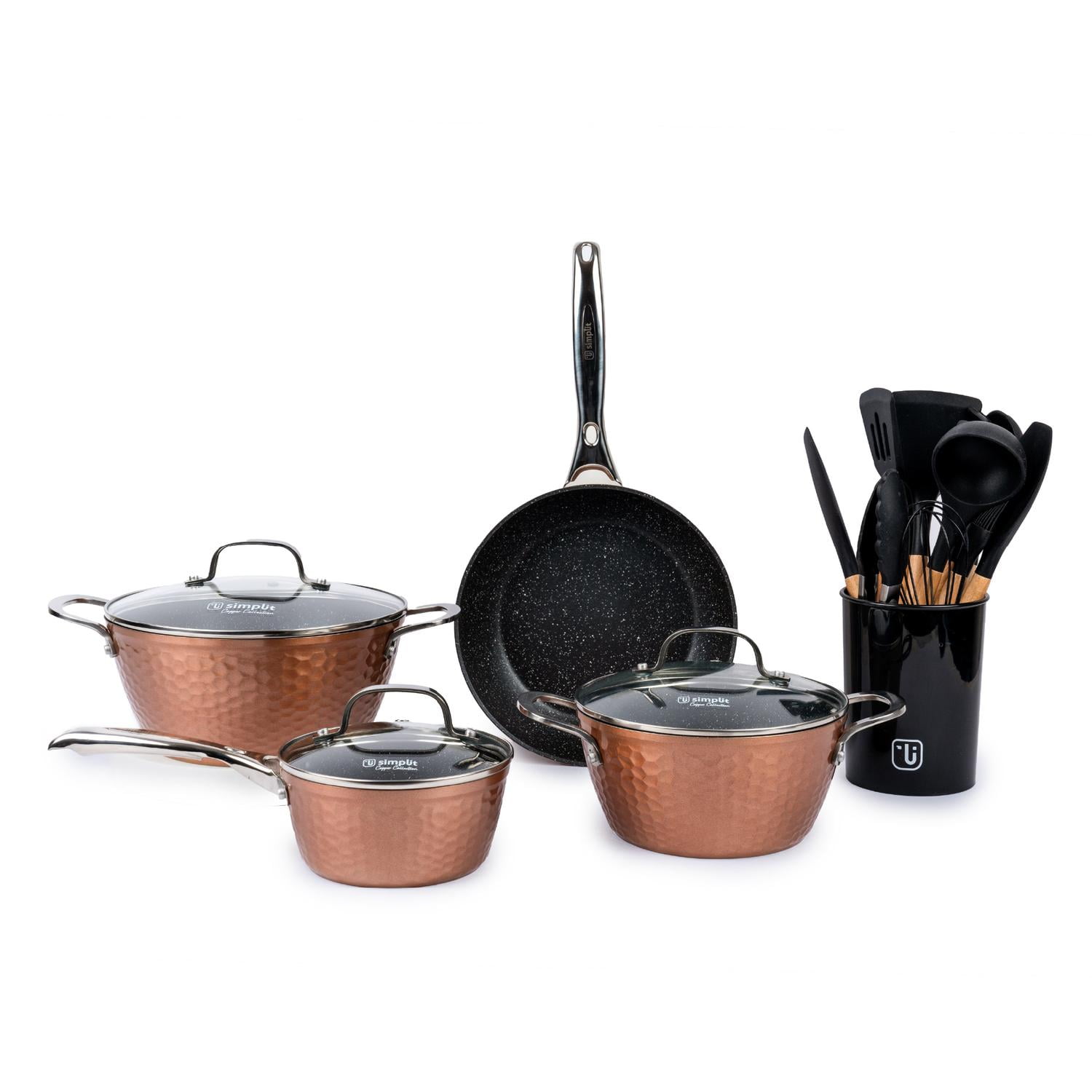 Kit Batería Cocina 7 Pza + Set 12 Utensilios Simplit Dorado
