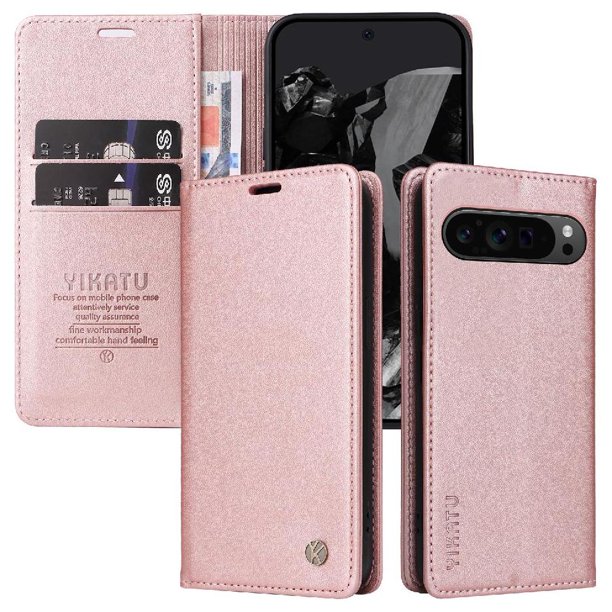 Funda Billetera de Cuero para Google Pixel 9 Pro 5G con Tarjetero y Soporte - Tapa Magnética Rosa