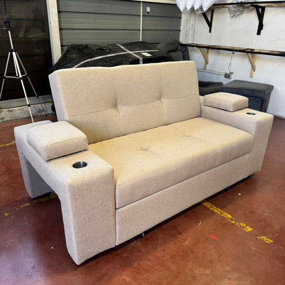 Sofá Cama Brazos de 20cm 2 Plazas Lino Beige Claro con Puffs y Cojines