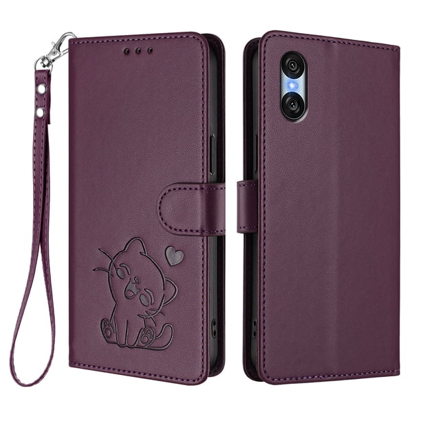 Funda Volteable con Diseño de Gato para Sony Xperia 10 VI, Morado Oscuro