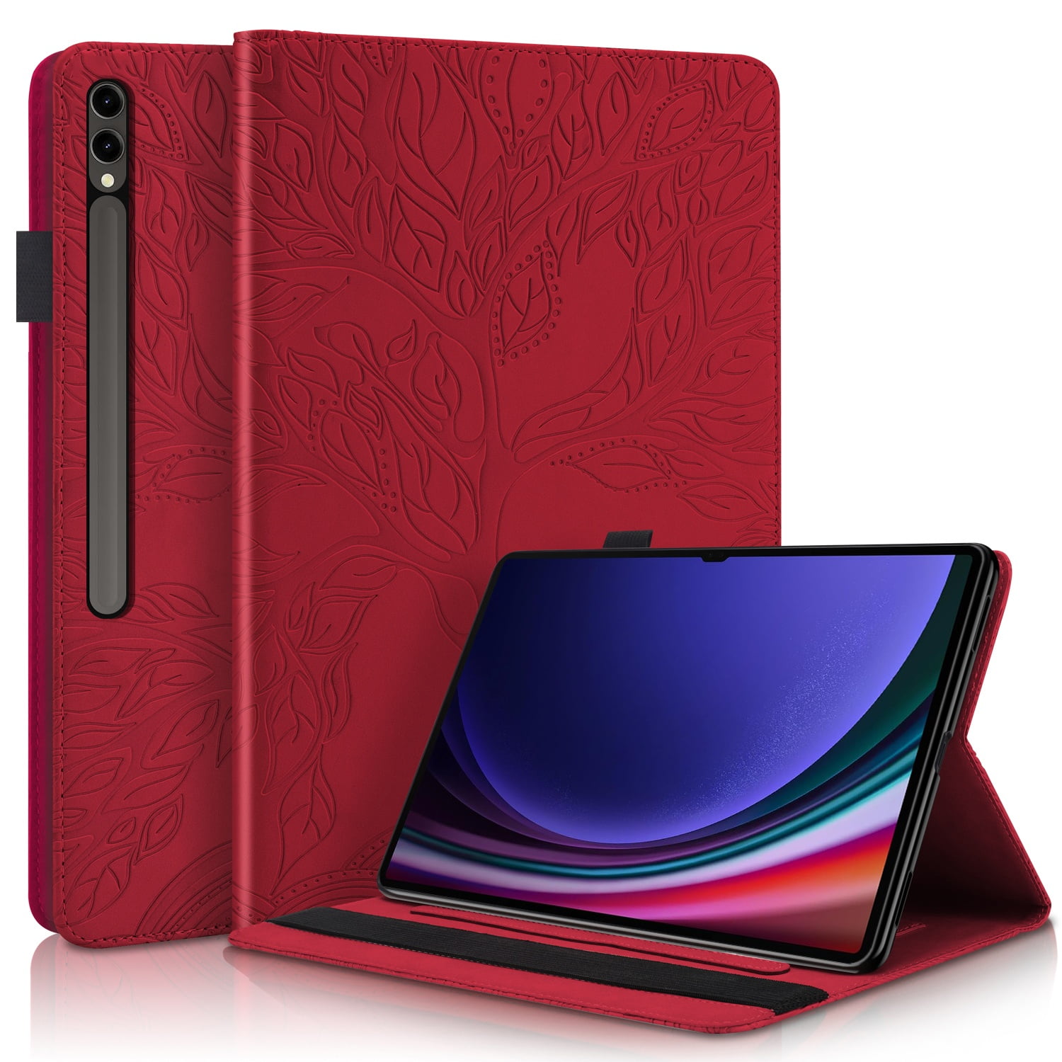 Foxdock - Funda Con Relieve Del Árbol De La Vida Para Tablet Samsung Galaxy Tab S9/8 Ultra Con Soporte, Ranuras Para Tarjetas Y Soporte Para Lápiz Óptico. Rojo