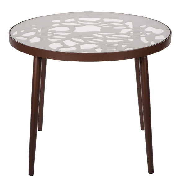 Mesa auxiliar LeisureMod con diseño de árbol con tapa de cristal marrón para interiores y exteriores