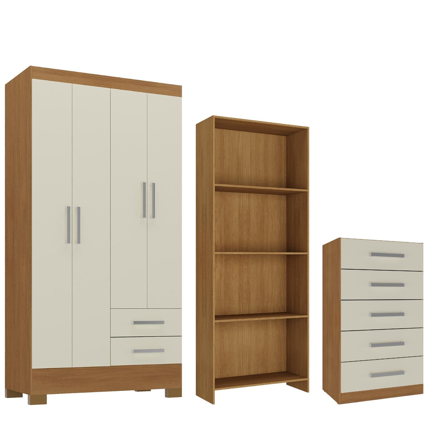 Movelaria - Combo Clóset 4 Puertas + Cómoda 5 Cajones Off White + Librero R420516 Blanco