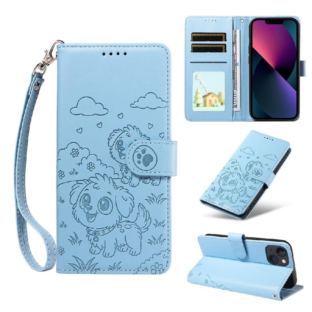 Foxdock - Funda Cartera Para Iphone 14 Perro Cachorro Grabado Con Tarjetas Soporte Correa Azul