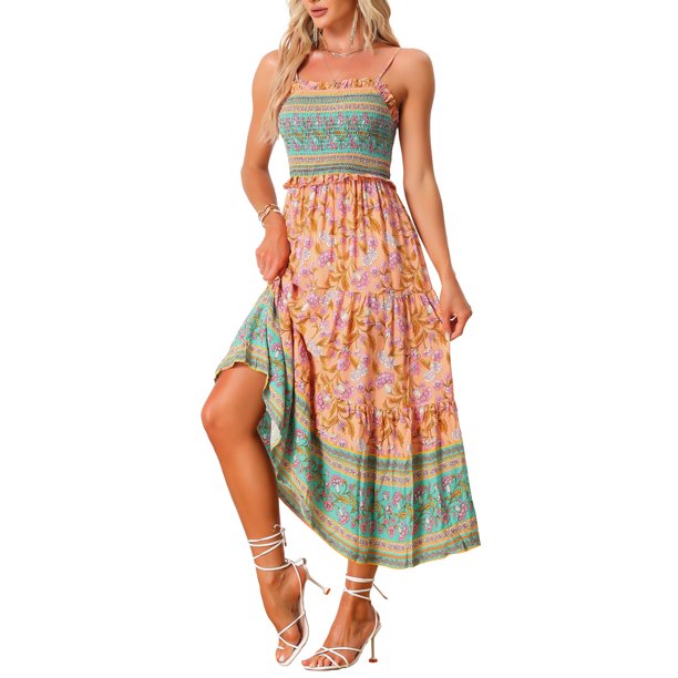 INSPIRE CHIC Vestido Maxi Floral Bohemio para Mujer sin Mangas con Cintura Fruncida y Tirantes Finos XS Naranja