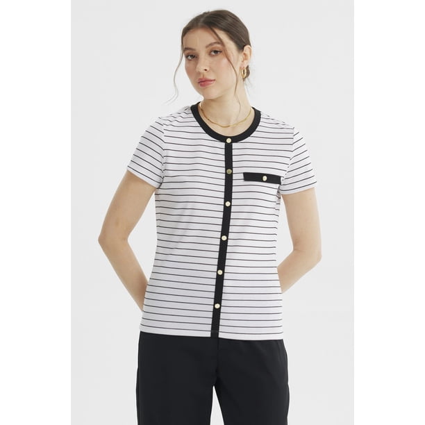 Polera Mujer Abotonado Falso Blanco / Negro