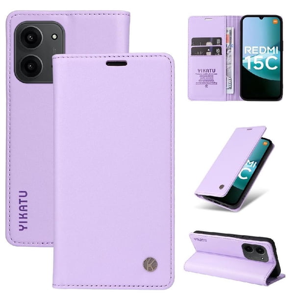 Funda Billetera de Cuero para Xiaomi Redmi 15C con Tarjetero y Soporte - Tapa Magnética Morado