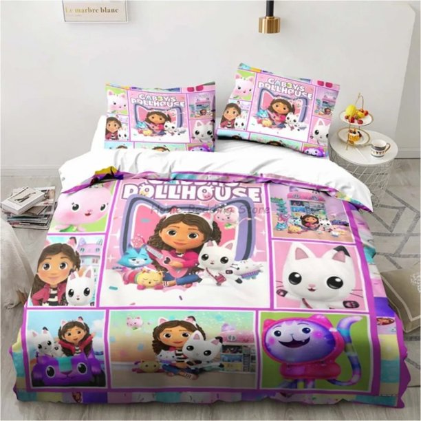 Kawaii Gabby Dollhouses Duvet Cover Set,Gabby Dollhouse Bedding Set,Children Cartoon Pillowcase Kids Anime Cute Bedding Set Bed Sheets