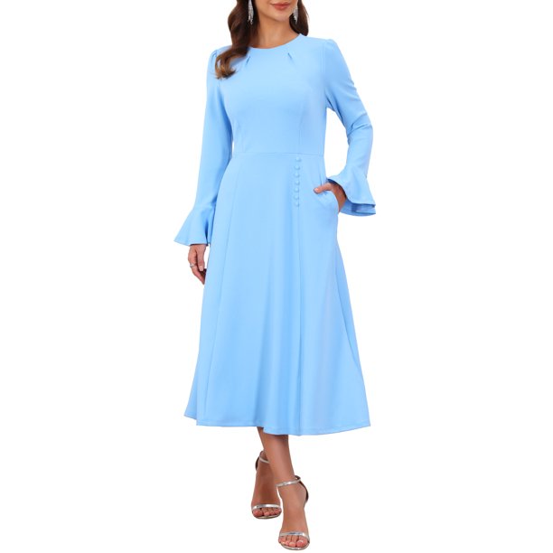 INSPIRE CHIC Vestidos de Iglesia para Mujeres Formales con Mangas Acampanadas Cuello Redondo Largo a la Rodilla Vestido Línea A con Bolsillos M Azul Cielo