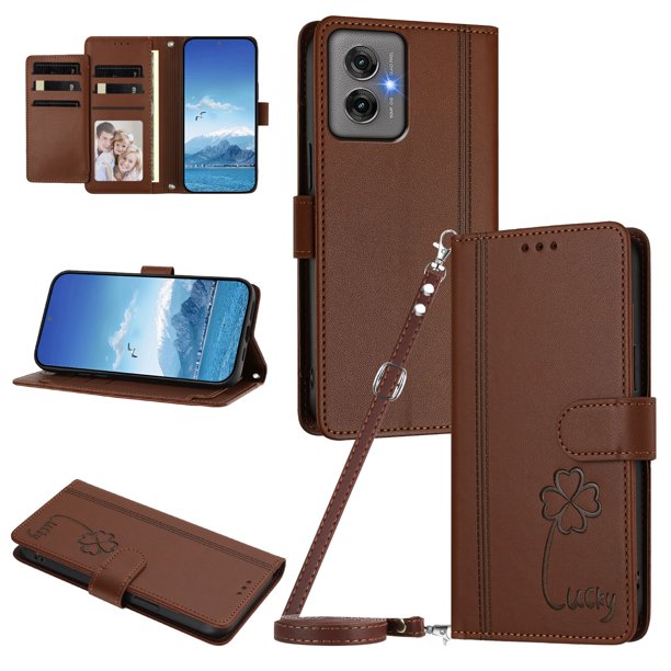 Funda Cartera Trébol para Motorola Moto G55 5G con Ranuras Tarjetas y Carga Inalámbrica Marrón
