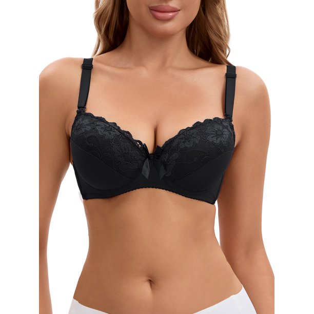 INSPIRA CHIC 2 Piezas para Mujer con Encaje, Cobertura Completa, Tirantes Ajustables, Sujetador Push Up Convertible, Disponible en Talla Grande B 36 2 Negro