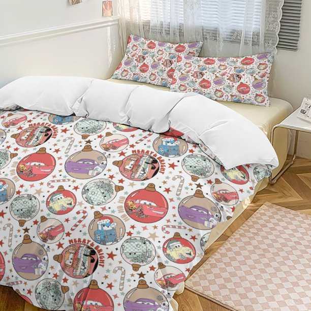 HOHOHO Christmas Cars Lightning Mcqueen Comforter Set Soft 3 Pcs Twin Bedding Sets Thicken for All Season