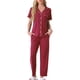 thumbnail image 2 of INSPIRE CHIC Conjunto de Pijama para Mujer con Manga Corta, Camisa Abotonada con Ribete en Contraste y Pantalones Largos para Estar en Casa XS Rojo, 2 of 6