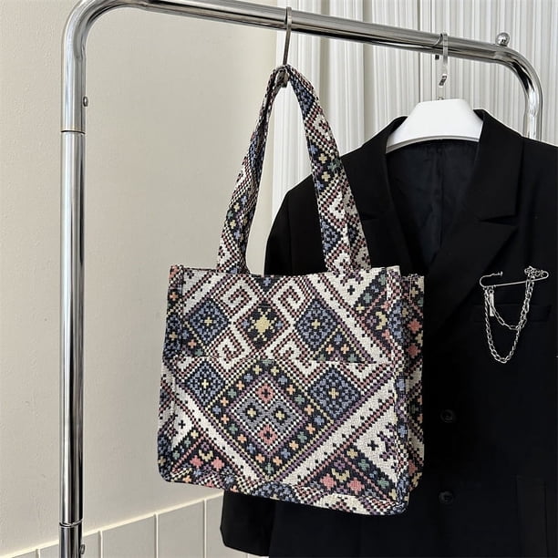 Ethnic Style Canvas Tote Bag, Colorful Geometric Pattern Handbag, Bohemian Shoulder Bag For Women