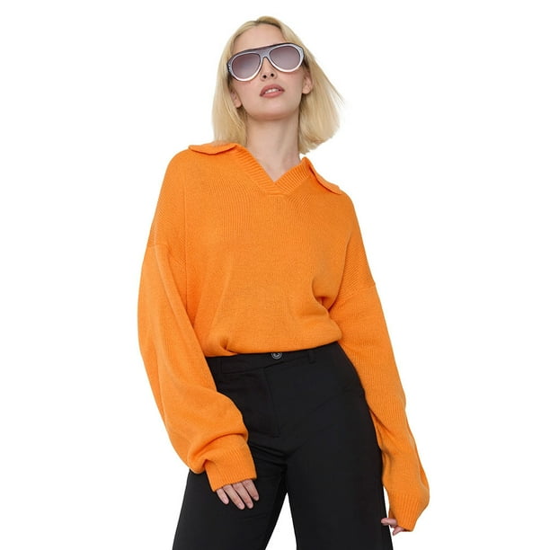 Sweater Mujer Cuello Polo Bicolor Naranjo Corona