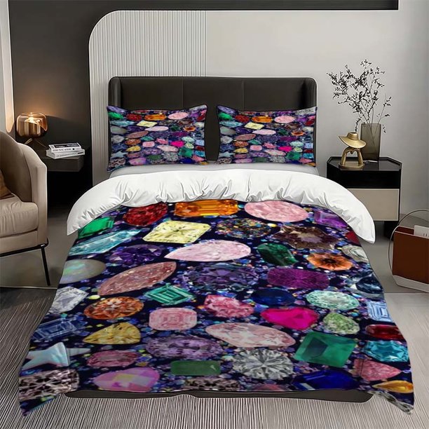 3pcs Multicolor Synthetic Gemstone and Diamond Themed Bedding Set Duvet Cover and Pillowcase Set Soft and Comfortable for All Seasons