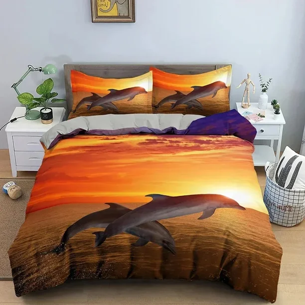 x1005 Bed SheetsDolphin Bedding Set Animal Pattern Duvet Cover Comforter Covers Twin Size Quilt Cover With Pillowcase Home Textile 3-Piece Bedding Set (1 Duvet Cover + 2 Pillow Shams) nj1005