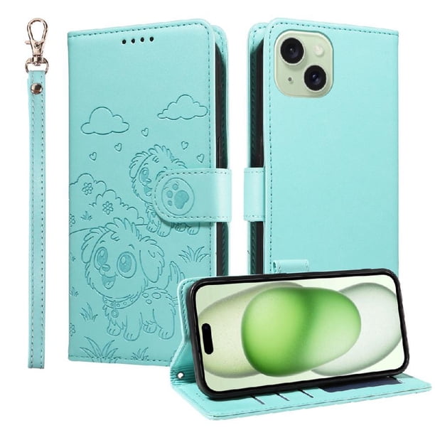 Funda Billetera FOXDOCK Compatible con iPhone 15 Plus , Diseño Perrito Tierno, Ranuras para Tarjetas y Soporte Plegable