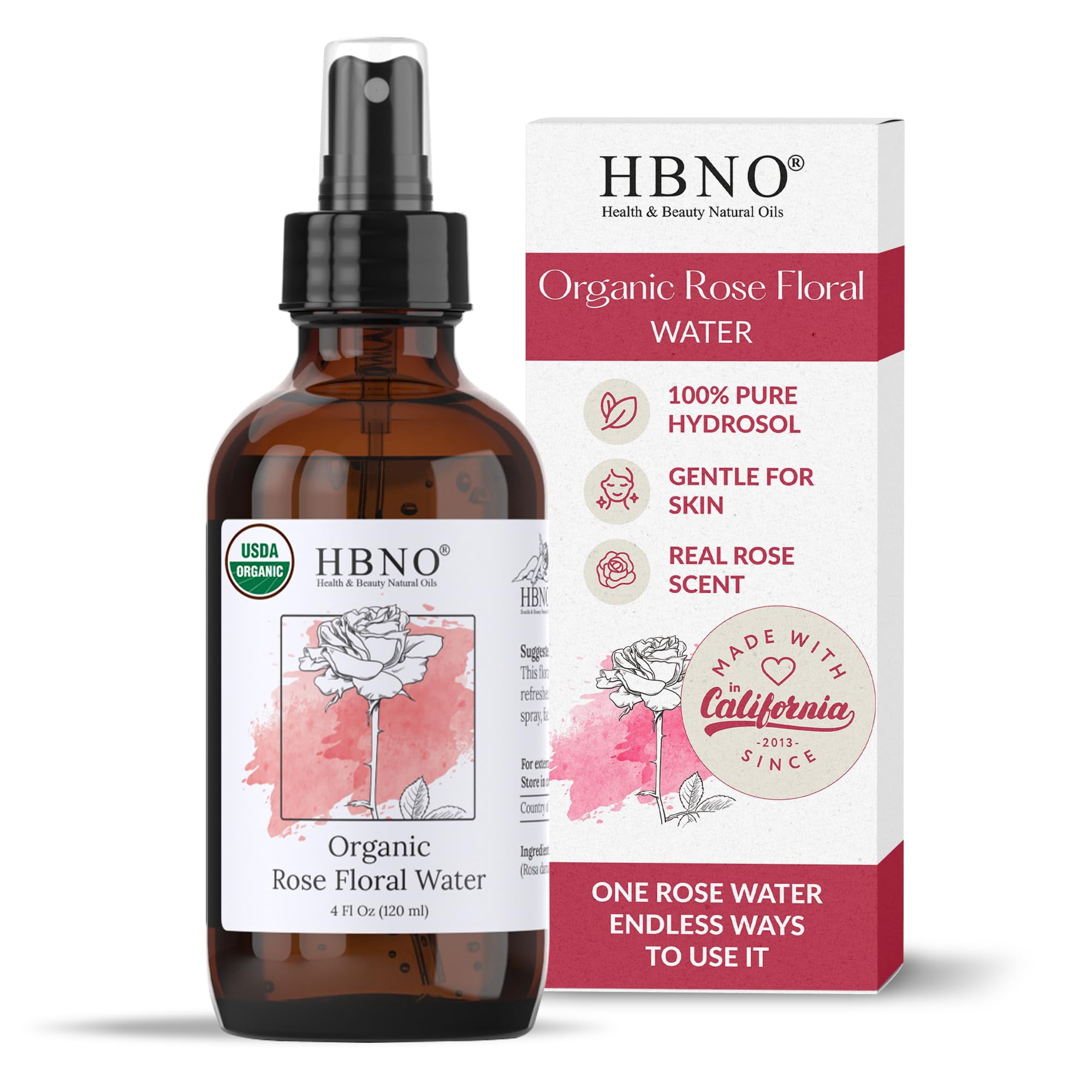 Spray De Agua De Rosas Hbno California Organic 120 Ml Para Rostro Y Cabello