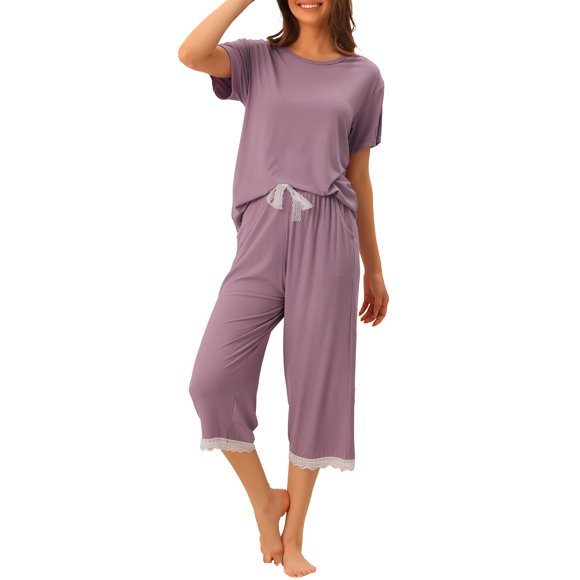 INSPIRE CHIC Conjunto de Pijama de Modal para Mujer Regreso a Clases Suave Camiseta de Manga Corta y Pantalones Capri Ropa de Dormir con Encaje para Primavera Verano S Púrpura