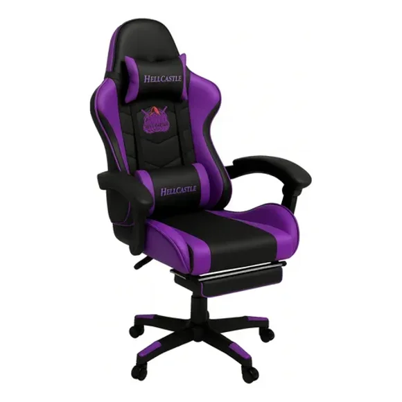 Silla Gamer Hell Castle Reclinable Con Cojin Lumbar Morado Cuero Sintético