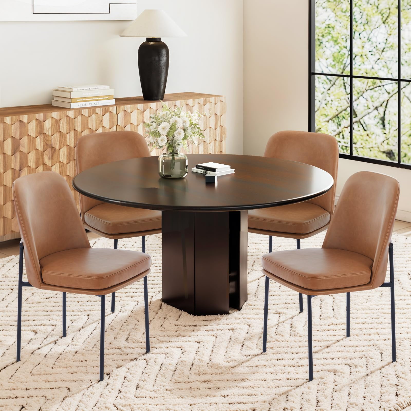 Sillas De Comedor Colamy, 4 Unidades, Tapizadas En Piel, Color Marrón