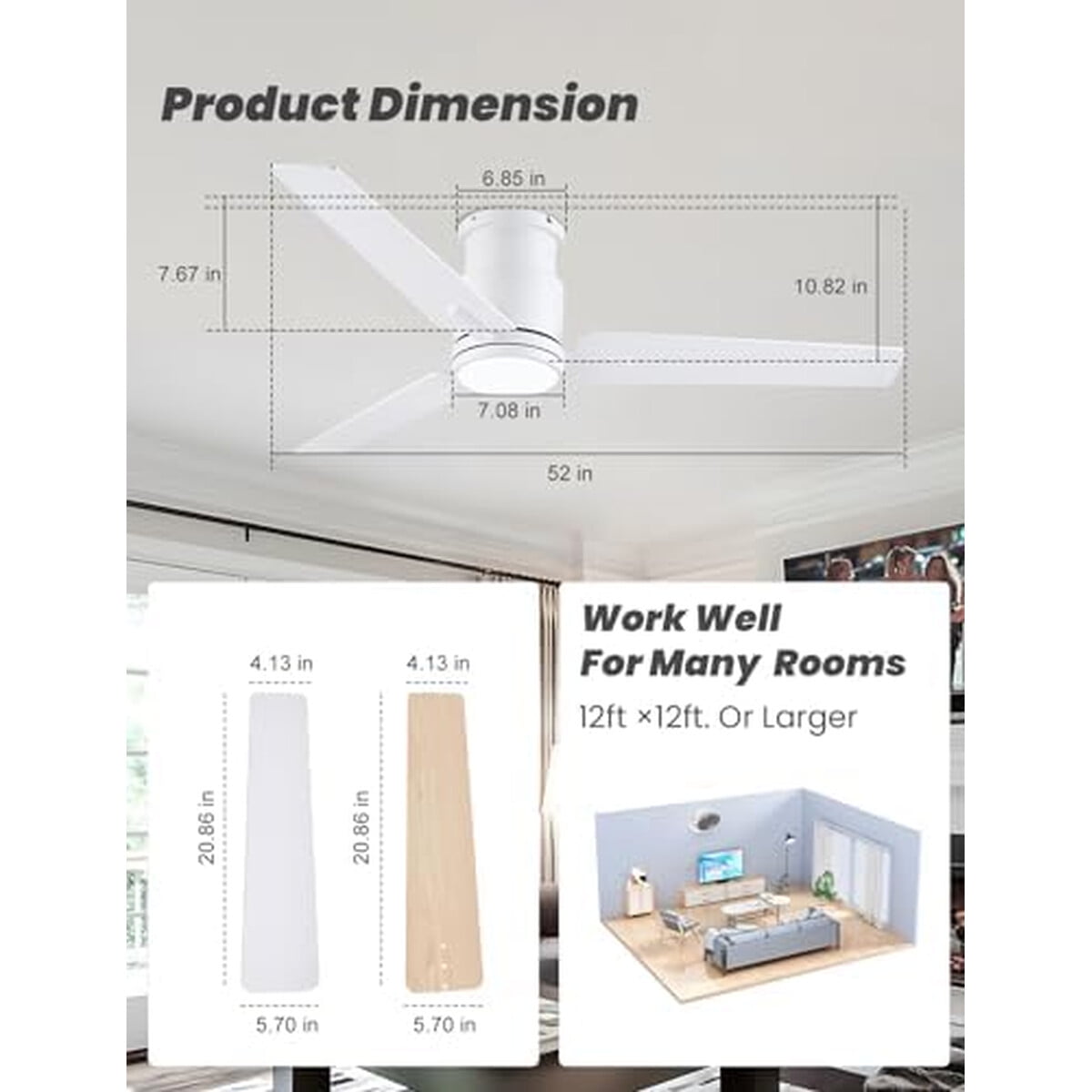 Cjoy - Ventilador Techo 52 Pulgadas Luz Led Control Remoto