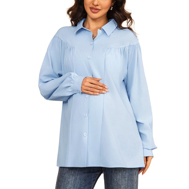 INSPIRE CHIC Blusa de Maternidad para el Trabajo Cuello de Punta Camisa de Oficina Talla Extra Grande Azul Cielo