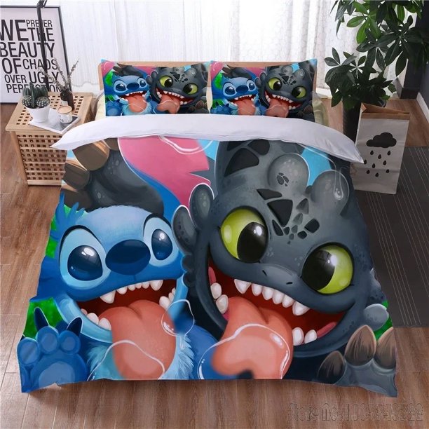 x1500 Bed SheetsLilo and Stitch Kawaii Love Child Duvet Cover Set HD Comforter Cover Bedclothes for Kids Bedding Sets Bedroom Decor 3-Piece Bedding Set (1 Duvet Cover + 2 Pillow Shams) nj1500